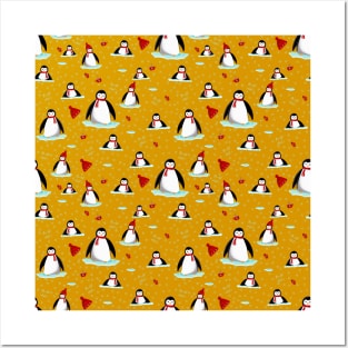 it's cold outside penguins seamless pattern mustard Posters and Art